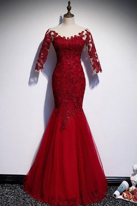 Elegant Burgundy Round Neck Tulle Lace Formal Prom Dress, Beautiful Long Prom Dress, Banquet Party Dress