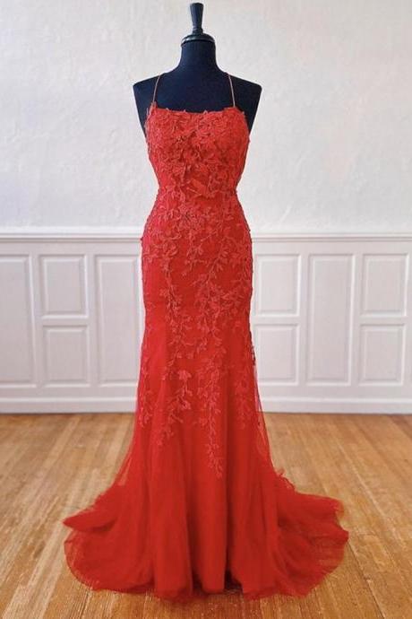 Elegant Sweetheart Mermaid Red Lace Formal Prom Dress, Beautiful Long Prom Dress, Banquet Party Dress