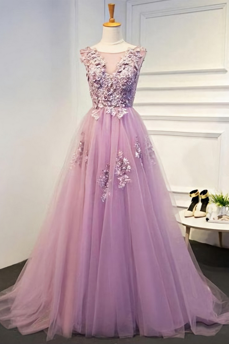 Elegant A-line Tulle Appliques Formal Prom Dress, Beautiful Long Prom Dress, Banquet Party Dress