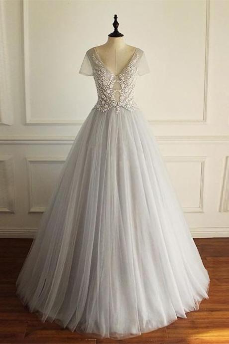 Elegant V Neck Tulle Lace Formal Prom Dress, Beautiful Long Prom Dress, Banquet Party Dress