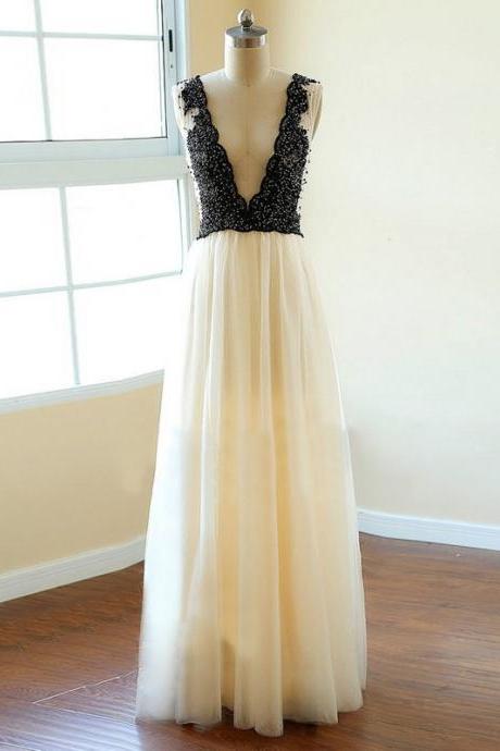 Elegant Deep V Neck Sexy Tulle Beaded Formal Prom Dress, Beautiful Long Prom Dress, Banquet Party Dress