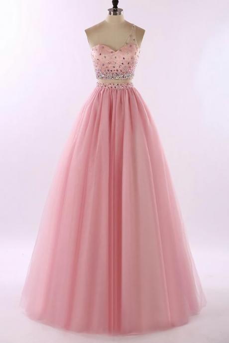 Elegant Two Pieces One Shoulder Tulle Formal Prom Dress, Beautiful Prom Dress, Banquet Party Dress
