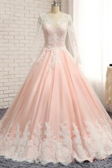 Elegant Long Sleeves Applique Tulle Formal Prom Dress, Beautiful Prom Dress, Banquet Party Dress