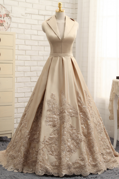 Elegant A-line Applique Satin Formal Prom Dress, Beautiful Prom Dress, Banquet Party Dress