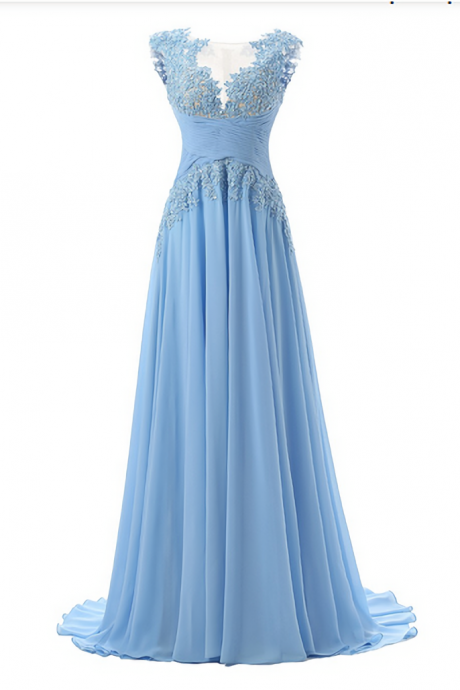 Elegant Sleeveless Lace Appliques Neckline Chiffon Formal Prom Dress, Beautiful Prom Dress, Banquet Party Dress