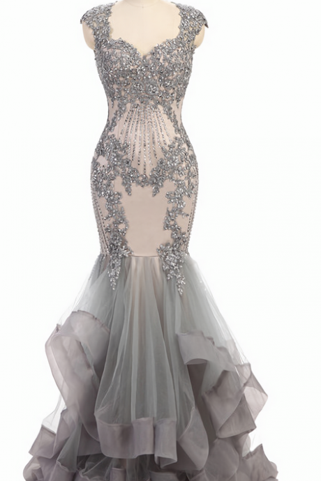 Elegant Mermaid Beaded Tulle Formal Prom Dress, Beautiful Long Prom Dress, Banquet Party Dress