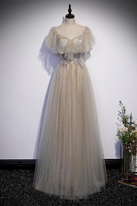 Elegant Simple Lace Short Sleeves Tulle Formal Prom Dress, Beautiful Prom Dress, Banquet Party Dress