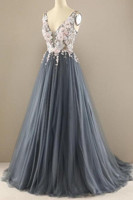 Elegant V Neck Open Back Appliques Tulle Formal Prom Dress, Beautiful Prom Dress, Banquet Party Dress