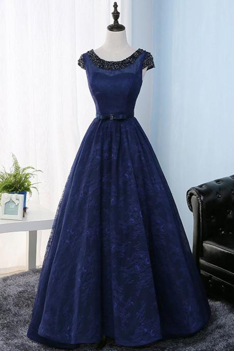 Elegant Lace Round Neckline Backless Formal Prom Dress, Beautiful Long Prom Dress, Banquet Party Dress