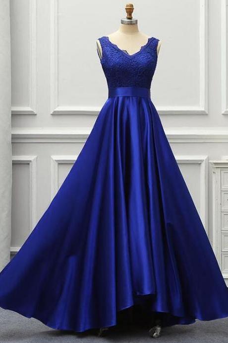 Elegant A-line Satin And Lace V-neckline Formal Prom Dress, Beautiful Long Prom Dress, Banquet Party Dress