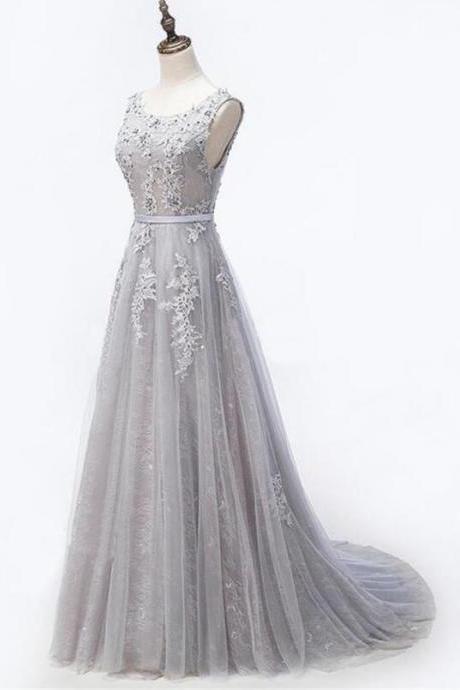 Elegant Lace Beaded Round Neckline Tulle Formal Prom Dress, Beautiful Long Prom Dress, Banquet Party Dress