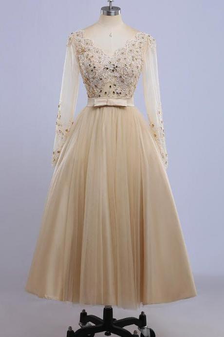 Elegant Sweetheart V-neckline Long Sleeve Tulle Formal Prom Dress, Beautiful Prom Dress, Banquet Party Dress