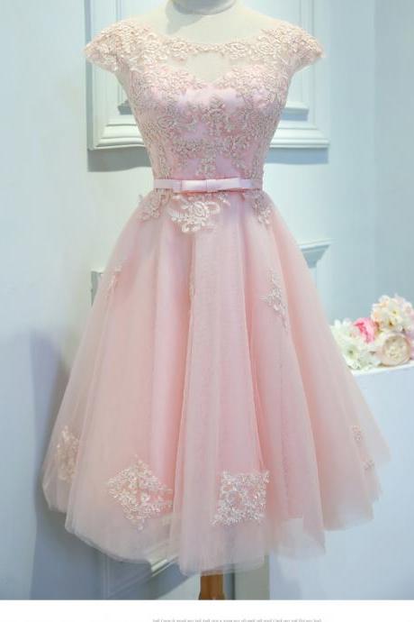 Elegant Lovely Cap Sleeves Lace Tulle Homecoming Dress, Beautiful Short Dress, Banquet Party Dress