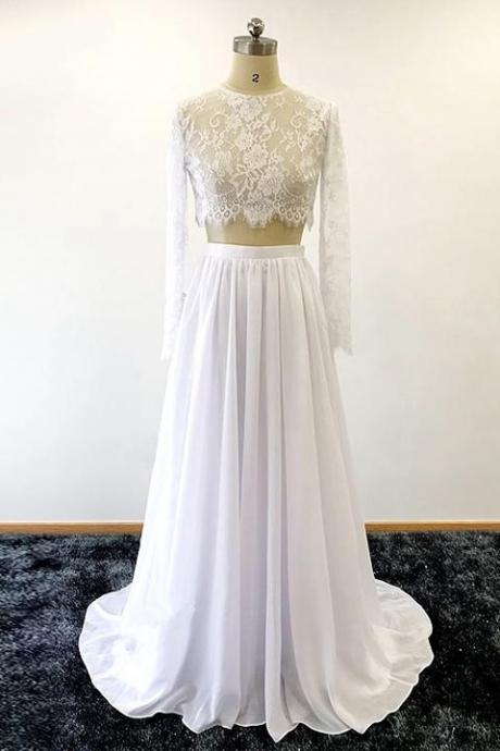 Elegant Sweetheart 2 Pieces Long Sleeves White Lace Evening Dress ,formal Party Dress,prom Long Dress