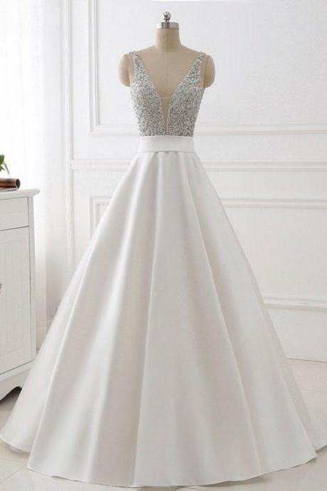 Elegant A Line V Neck Off The Shoulder Beads Satin Evening Dress ,formal Party Dress,prom Long Dress
