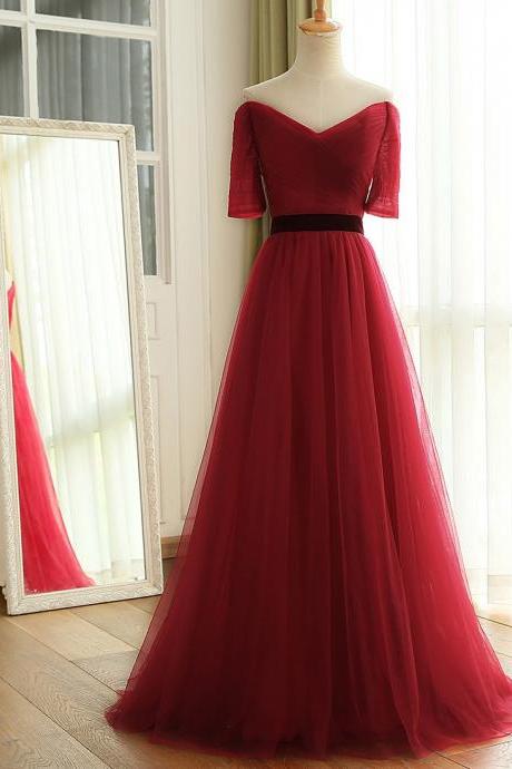 Elegant Off The Shoulder Half Sleeves Tulle Formal Prom Dress, Beautiful Long Prom Dress, Banquet Party Dress