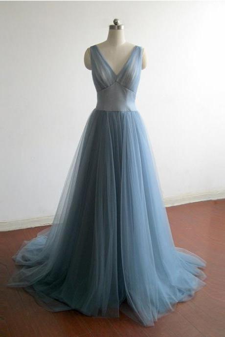 Elegant A-line V Neckline Tulle Formal Prom Dress, Beautiful Long Prom Dress, Banquet Party Dress