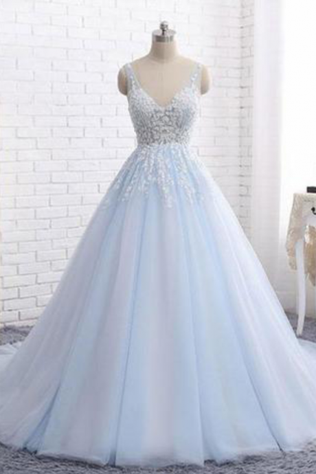 Elegant A-line V Neckline Applique Tulle Formal Prom Dress, Beautiful Long Prom Dress, Banquet Party Dress
