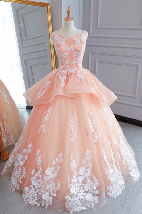 Elegant Lace Scoop Neck Applique Tulle Formal Prom Dress, Beautiful Long Prom Dress, Banquet Party Dress