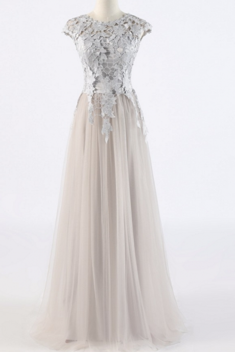 Elegant Lace Cap Sleeve Tulle Formal Prom Dress, Beautiful Long Prom Dress, Banquet Party Dress