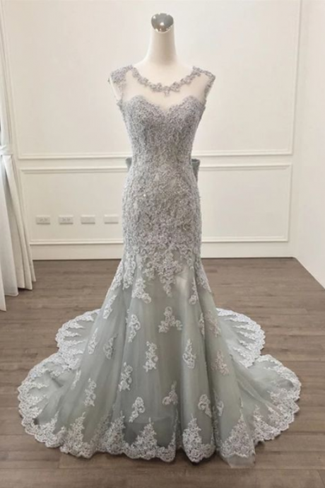 Elegant Lace Bow Back Mermaid Formal Prom Dress, Beautiful Long Prom Dress, Banquet Party Dress