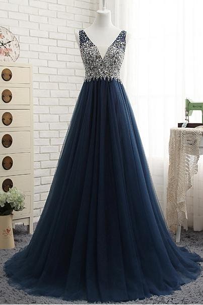 Elegant A Line V Neck Beading Tulle Formal Prom Dress, Beautiful Long Prom Dress, Banquet Party Dress