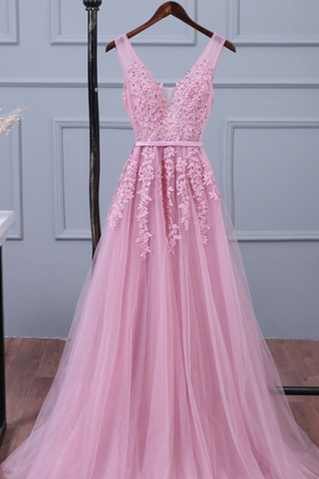 Elegant Lace Appliqued Tulle Formal Prom Dress, Beautiful Long Prom Dress, Banquet Party Dress