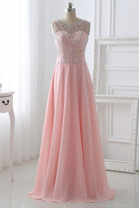 Elegant A-line chiffon round neck beading Formal Prom Dress, Beautiful Long Prom Dress, Banquet Party Dress