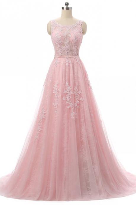 Elegant A-line lace tulle round neck applique open back Formal Prom Dress, Beautiful Long Prom Dress, Banquet Party Dress