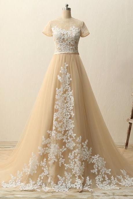 Elegant A-line Short Sleeves Tulle Appliques Formal Prom Dress, Beautiful Long Prom Dress, Banquet Party Dress