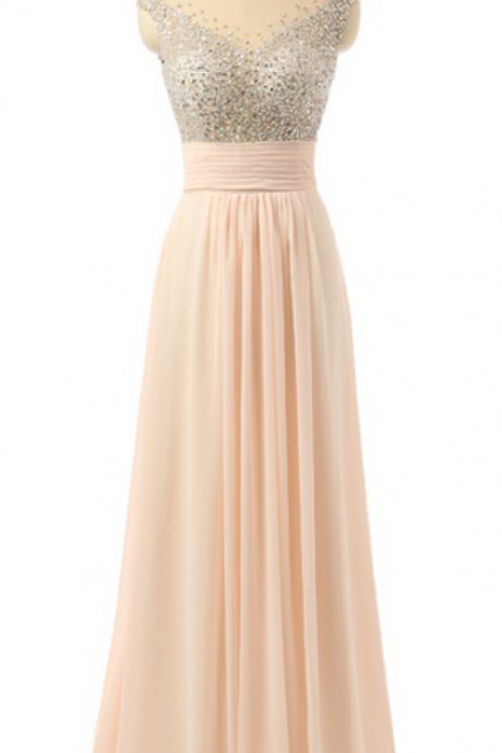 Elegant Beaded O-neckline Chiffon Formal Prom Dress, Beautiful Long Prom Dress, Banquet Party Dress