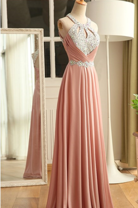 Elegant Backless O-neck Appliques ChiffnFormal Prom Dress, Beautiful Long Prom Dress, Banquet Party Dress