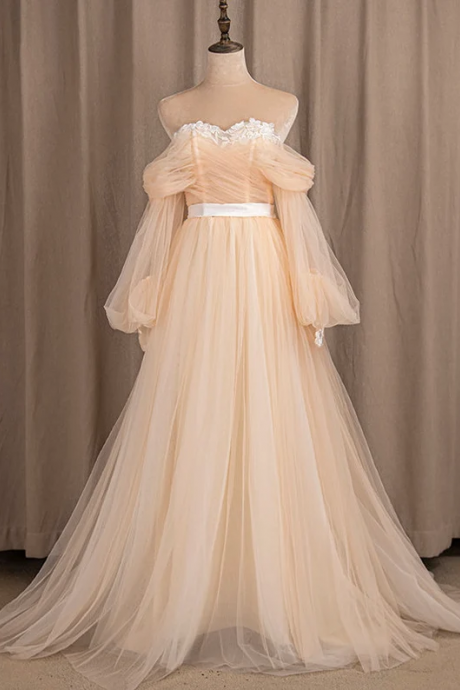 Elegant Puffy Sleeves off Shoulder Tulle Formal Prom Dress, Beautiful Long Prom Dress, Banquet Party Dress