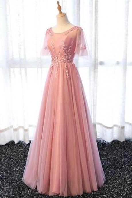 Elegant A-line Short Sleeves Tulle Formal Prom Dress, Beautiful Long Prom Dress, Banquet Party Dress