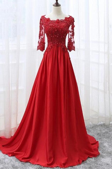 Elegant Satin and Lace 1/2 Sleeves Formal Prom Dress, Beautiful Long Prom Dress, Banquet Party Dress