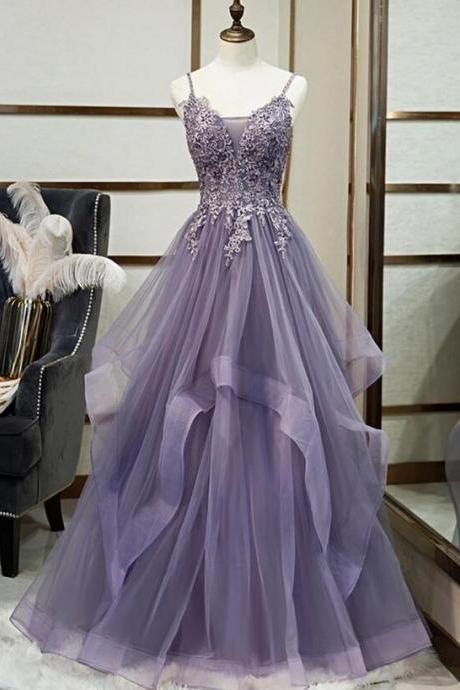 Elegant A-line Straps Tulle Formal Prom Dress, Beautiful Long Prom Dress, Banquet Party Dress