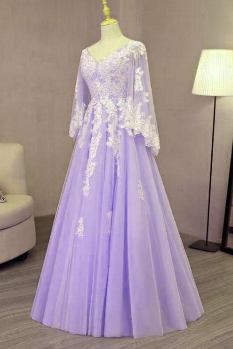 Elegant A-line Lace Tulle V-neckline Formal Prom Dress, Beautiful Long Prom Dress, Banquet Party Dress