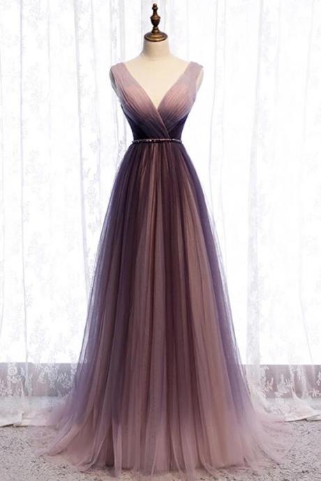 Elegant A-line Tulle V-neckline Formal Prom Dress, Beautiful Long Prom Dress, Banquet Party Dress