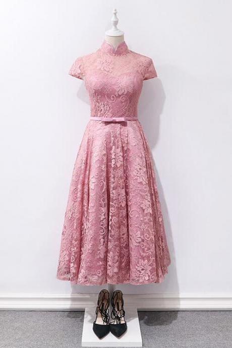 Elegant A-line Lace Tea Length Formal Prom Dress, Beautiful Long Prom Dress, Banquet Party Dress
