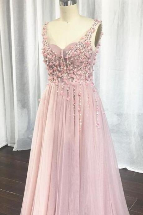 Elegant Beaded Backless Tulle Formal Prom Dress, Beautiful Long Prom Dress, Banquet Party Dress