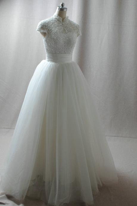 Elegant High Neckline Tulle Lace Formal Prom Dress, Beautiful Long Prom Dress, Banquet Party Dress