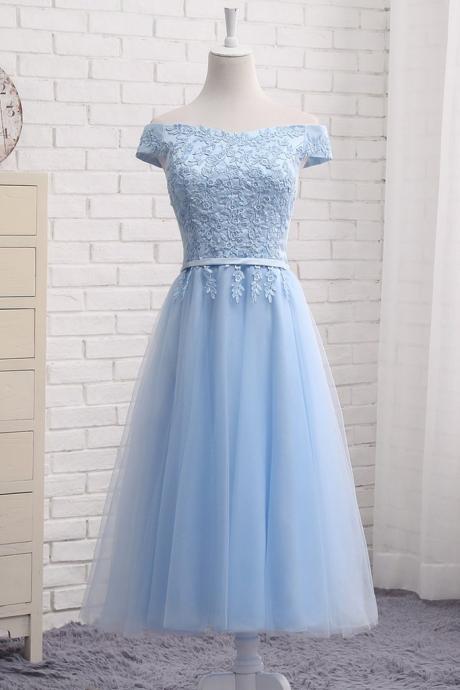 Elegant Tea Length Off the Shoulder Tulle Formal Prom Dress, Beautiful Prom Dress, Banquet Party Dress