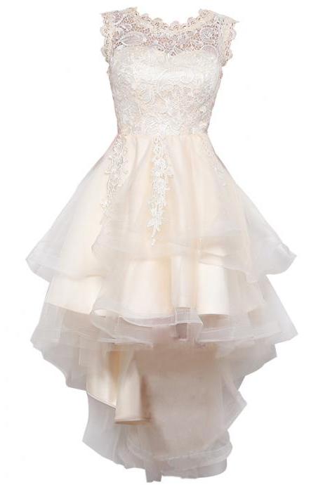 Elegant Sweetheart High Low Round Lace and Tulle Formal Prom Dress, Beautiful Prom Dress, Banquet Party Dress