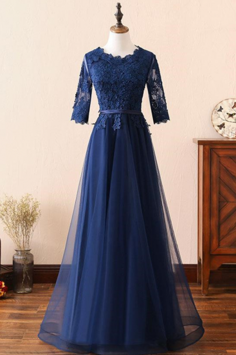 Elegant Sweetheart A-line Tulle Lace Appliqués 1/2 Sleeves Formal Prom Dress, Beautiful Long Prom Dress, Banquet Party Dress
