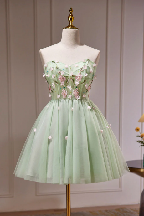 A- Line Sweetheart Neck Tulle Green Short Prom Dress, Green Homecoming Dresses