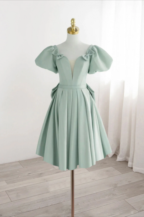 A-line Green Puffy Sleeve Short Prom Dress, Green Formal Dress