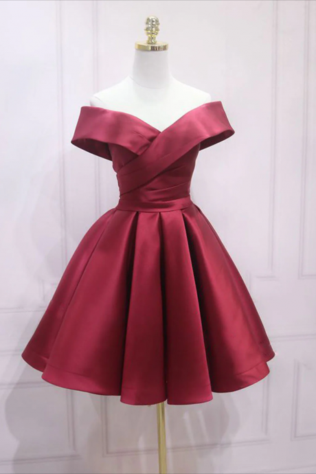 A-line Off Shoulder Satin Burgundy Short Prom Dress, Burgundy Homecoming Dress