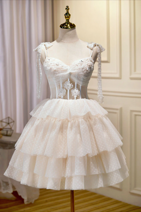 Champagne Minishort Prom Dress, Puffy Cute Homecoming Dress With Lace