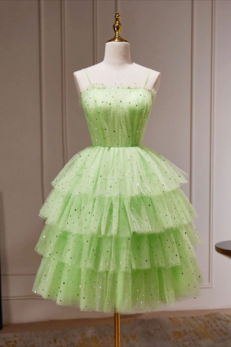 Green A-line Tulle Short Prom Dress, Green Homecoming Dress