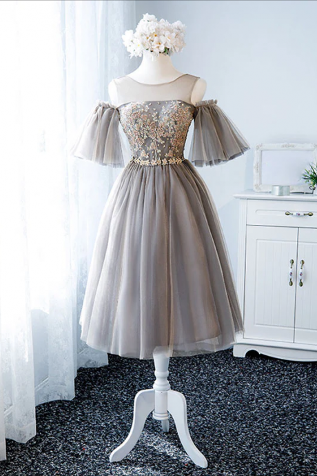 Cute Round Neck Tulle Lace Short Prom Dress, Tulle Homecoming Dress